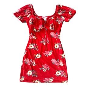 Planet Gold Women’s Size Medium Tie Front Baby Doll Dress, Red floral print
